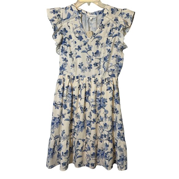 Love & Promises Blue & White Floral Dress with Short Ruffle Sleeves - Size Small - Picture 1 of 10